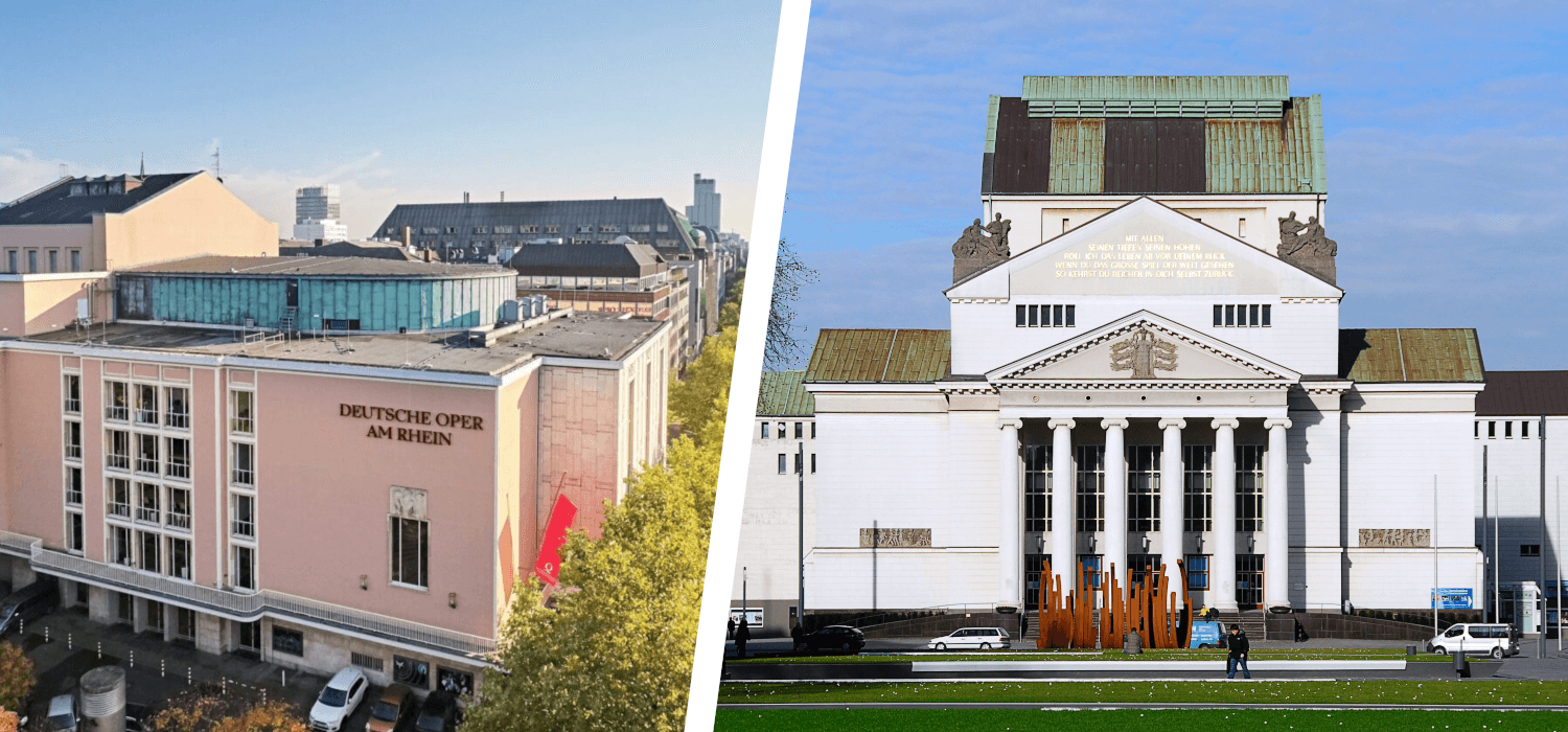 Die Außenansicht der Deutschen Oper am Rhein mit den Standorten in Düsseldorf und Duisburg.