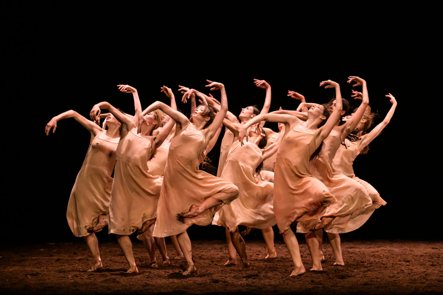 Rund zehn Tänzerinnen stehen in Formation und heben das rechte Bein und strecken den Fuß zum Knie (Retiré). Der Blick der Tänzerinnen ist zur linken Seite gewandt, die Arme jeweils über den Köpfen erhoben.
