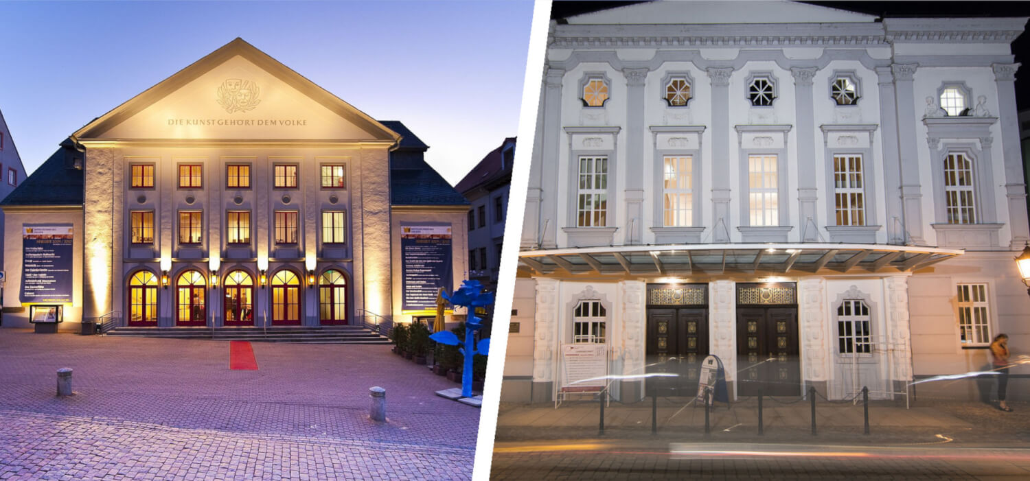 Man sieht die Mittelsächsischen Theater Freiberg (links) und Döbeln (rechts).