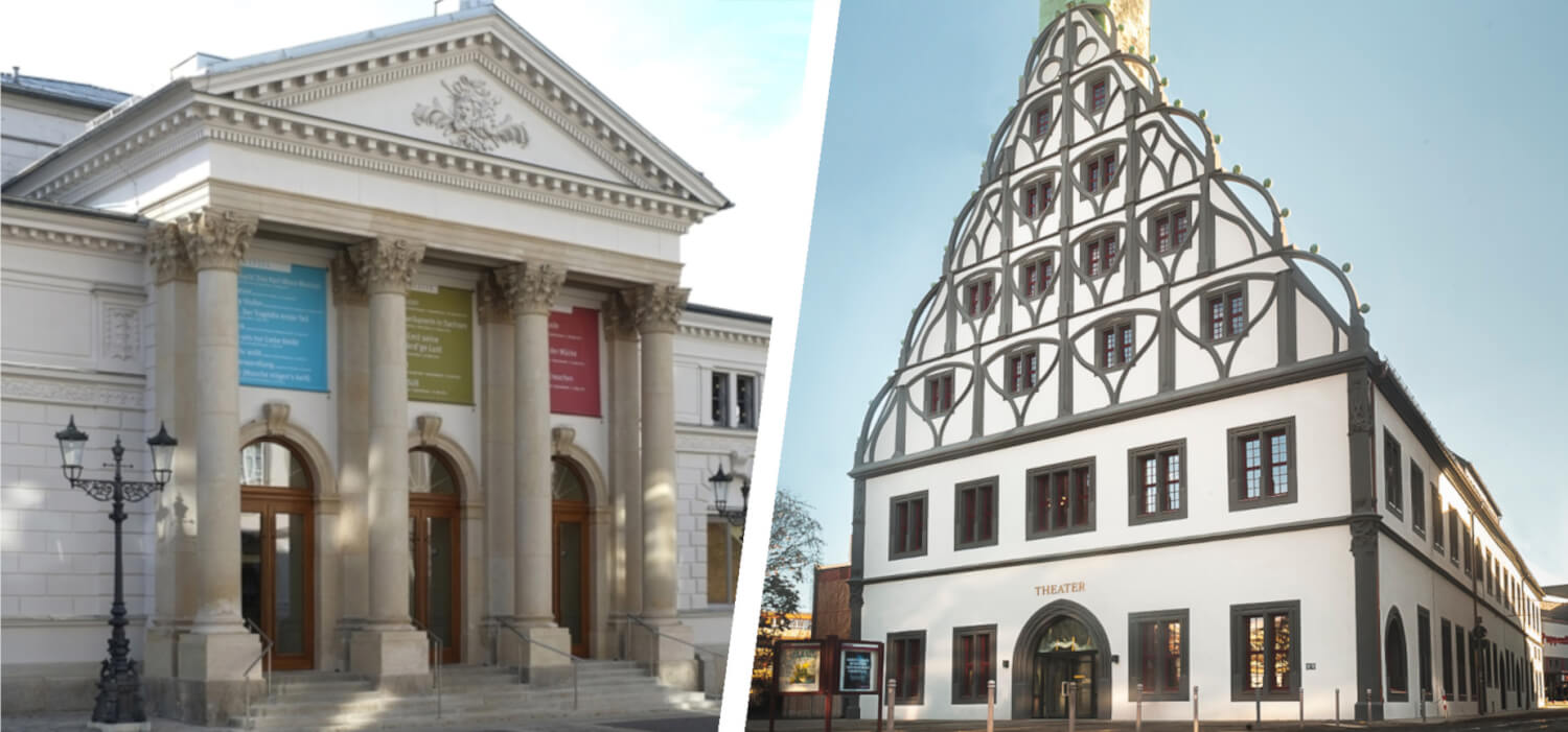 Zu sehen ist links das Vogtlandtheater Plauen und rechts das Gewandhaus Zwickau.