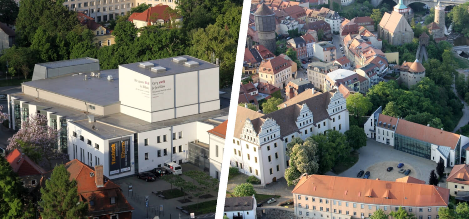 Man sieht links das Große Haus des Volkstheater Bautzen und rechts das Burgtheater des Volkstheater Bautzen, beide aus der Luft fotografiert