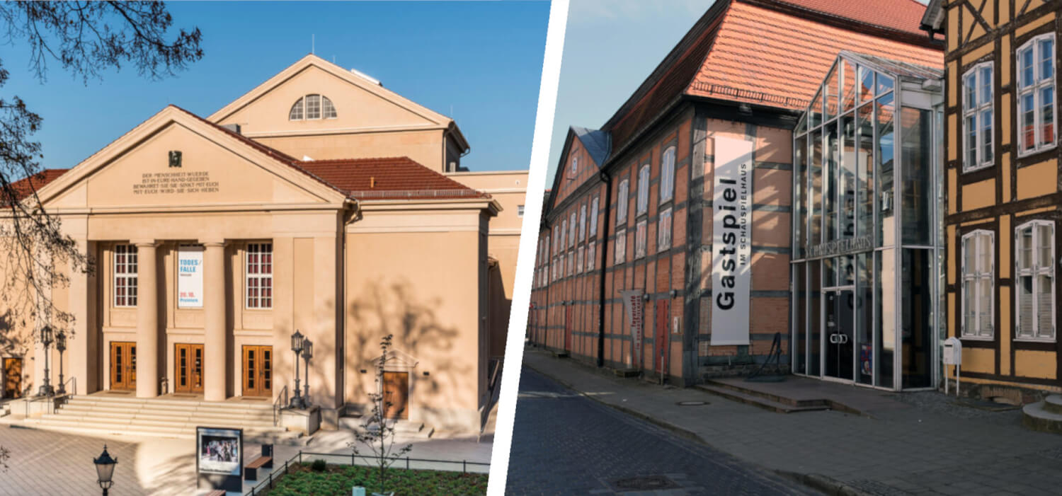 Man sieht links das Landestheater Neustrelitz und rechts das Schauspielhaus Neubrandenburg