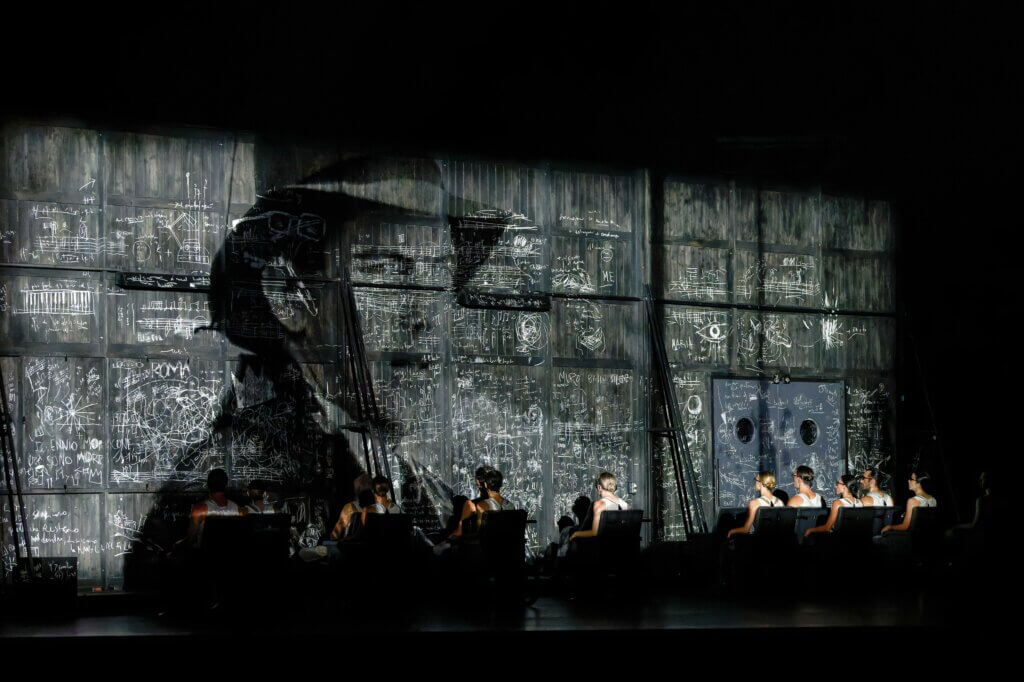 Das CCN Aterballetto vor der imaginierten Kinoleinwand in „Notte Morricone“ von Marcos Morau auf den Ruhrfestspielen 2025 in Recklinghausen.