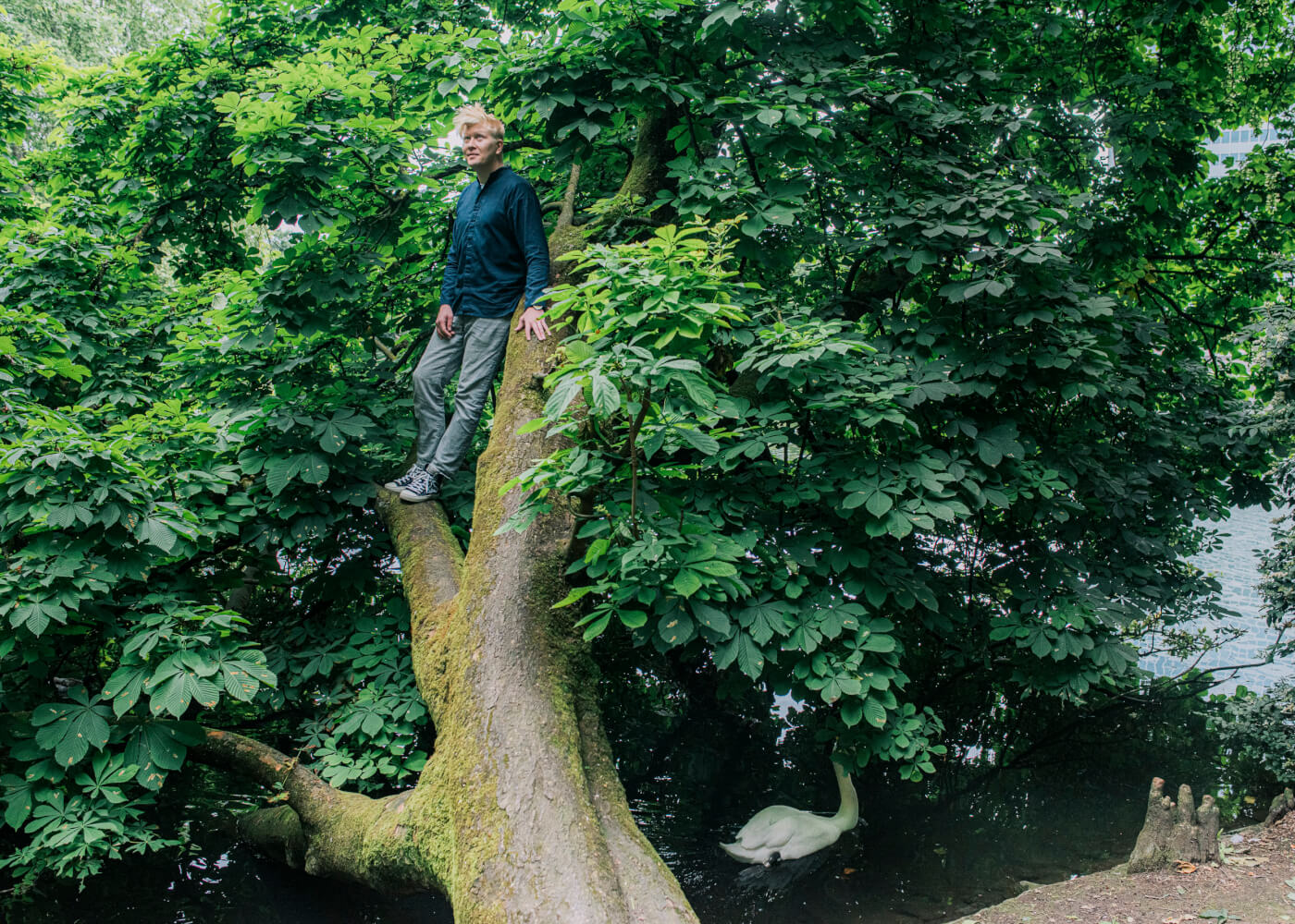 Zu sehen ist der Opernregisseur Vasily Barkhatov auf einem dicken Stamm eines Baumes stehend.