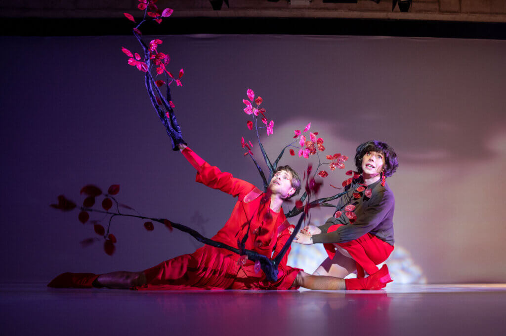 Aufführungsfoto von „Blutbuch“ von Kim de l’Horizon am Schauspiel Hannover. Ein Mann sitzt im Spagat auf der Bühne mit roten Highheels und rotem Kostüm. Vor ihm schwarze Zweige mit roten Blüten. Neben dem Mann kniet eine Frau.