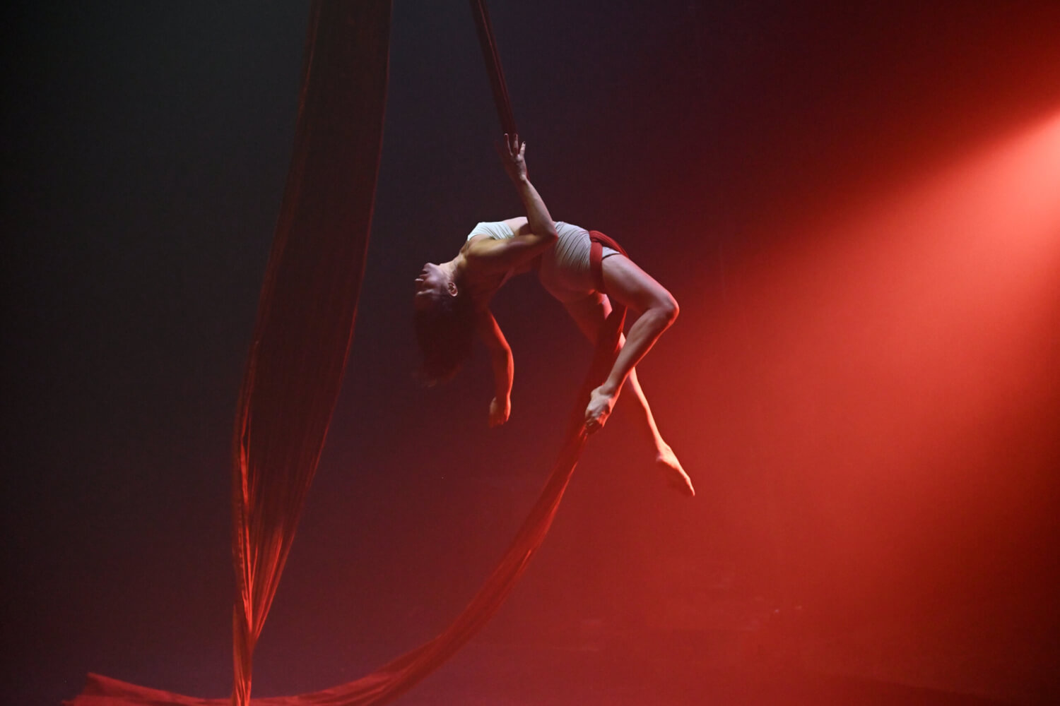 Diana Salles in „Delusional – I Killed a Man“ bei den Ruhrfestspielen in Recklinghausen. Eine Frau hängt, ein langes rotes Tuch um sich gewickelt, Kopf und Gliedmaße hängend in der Manege und wird in rotes Licht getaucht.