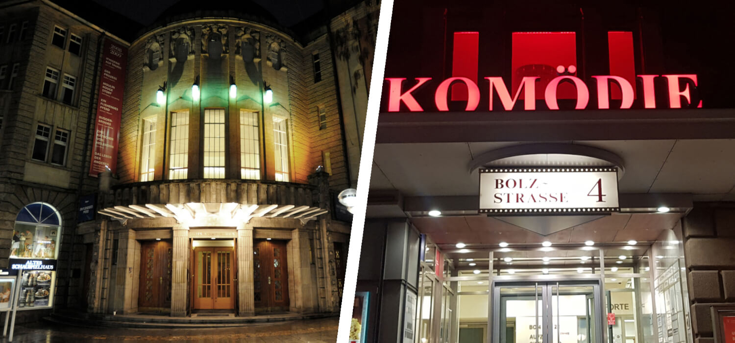Links ist das Gebäude des Alten Schauspielhaus Stuttgart zu sehen, Links eine Nahaufnahme des Gebäudes der Komödie im Marquardt.