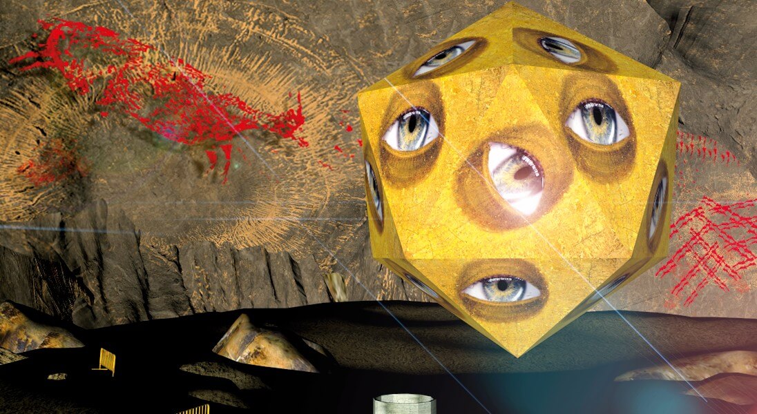 CAVE/Entwurf zu „I AM (VR)“. In einem digitalen Raum mit Wandmalerei schwebt ein goldener Kubus mit je einem Auge auf der dreieckigen Fläche.