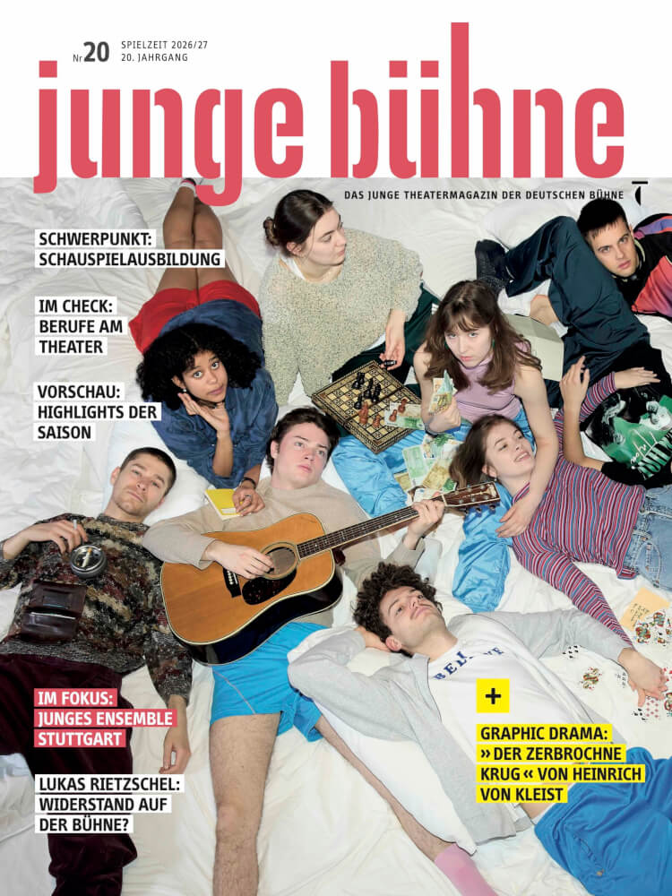 Heftcover mit Student:innen, darauf Schriftzüge mit den Themen, Cover der jungen bühne #20
